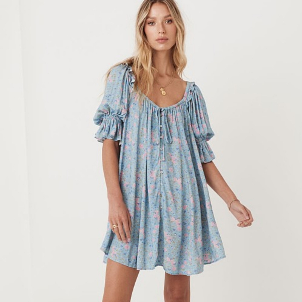 Spell and the Gypsy Collective Dolly Mini Dress Dusty Blue Size Medium (M)